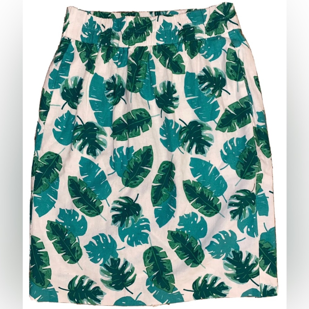 J Crew Linen Skirt Monstera Swiss Cheese Plant Leaf Print XXS XS Extra Small